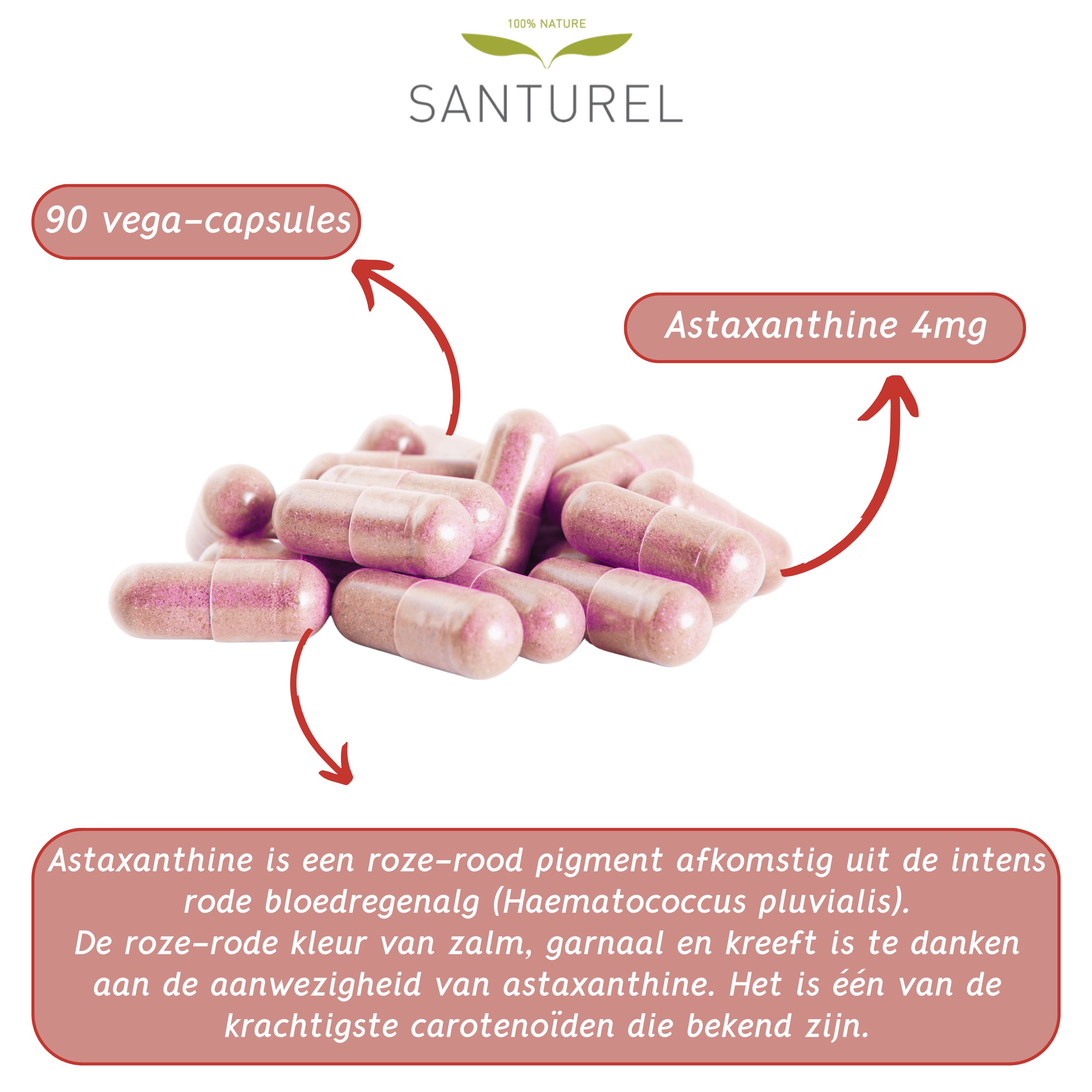 Hoop roze capsules. Tekst: 90 vega-capsules, Astaxanthine 4mg. Beschrijving.