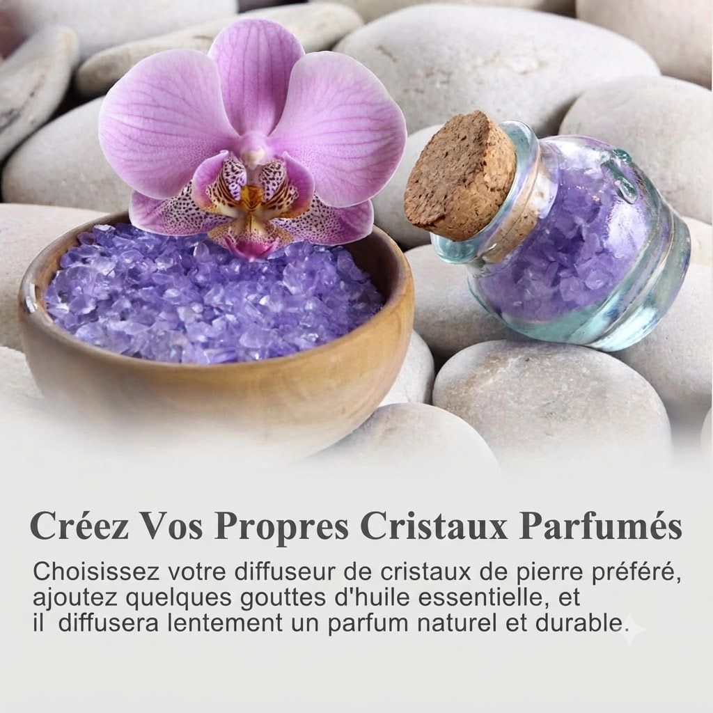 Cristaux violets dans un bol en bois et une petite fiole en verre, à côté d'une fleur d'orchidée sur des galets.