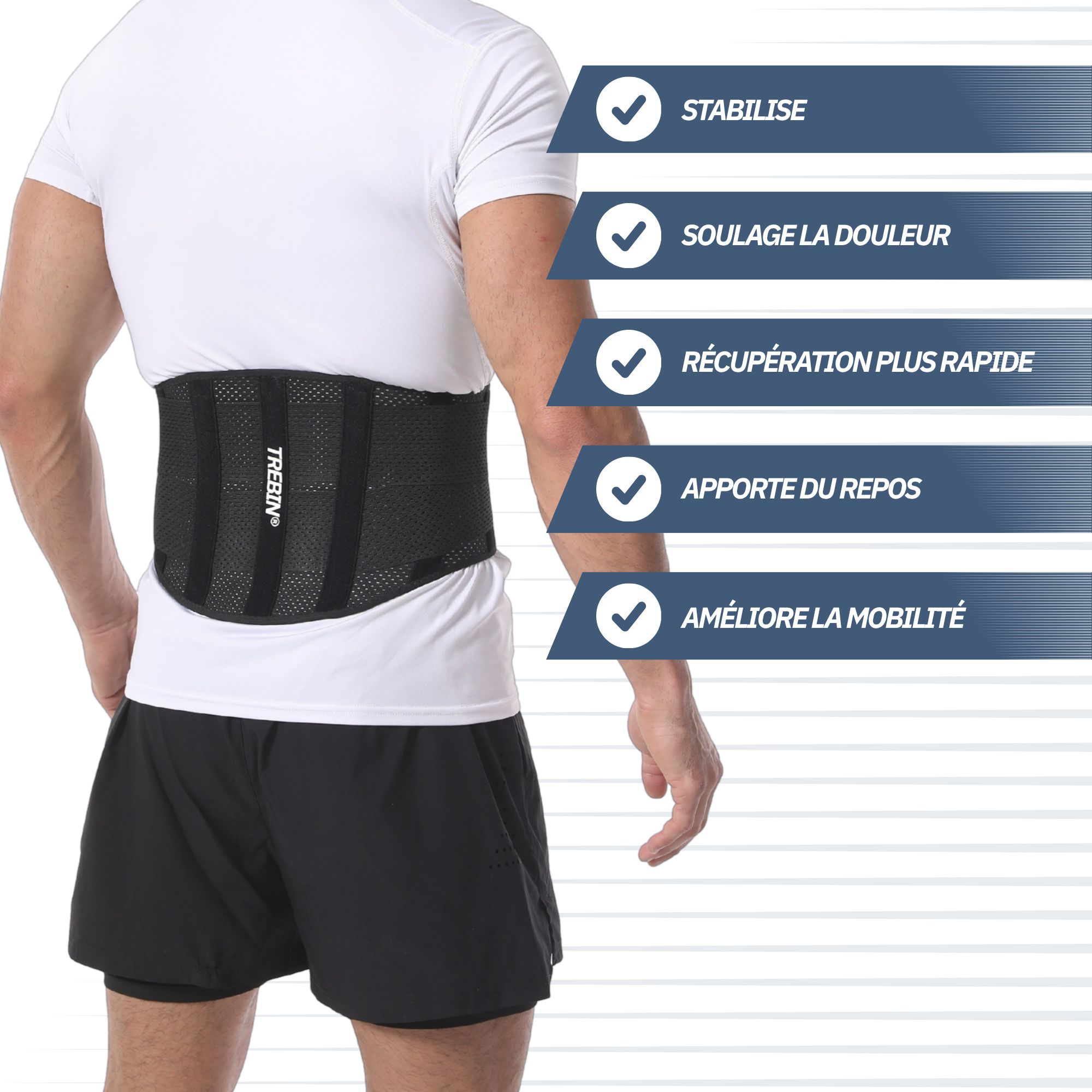 Vue arrière d'un homme portant une ceinture lombaire noire. Liste des avantages: stabilisation, soulagement douleur, récupération.