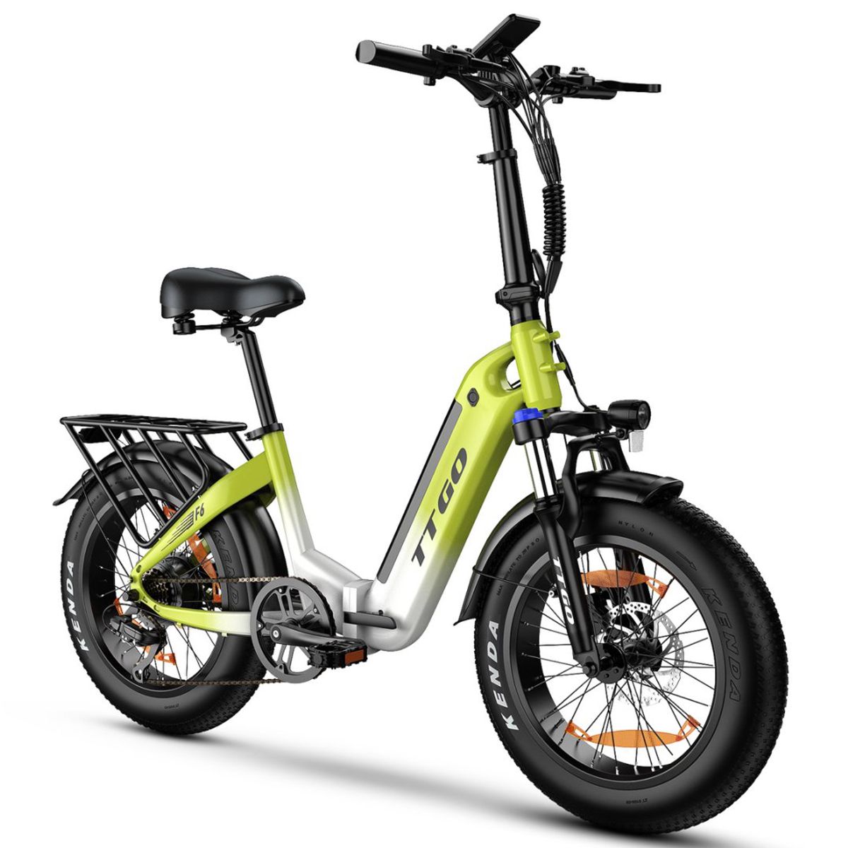 Opvouwbare e-bike, groen-wit, met bagagedrager, zwart zadel en banden. Merk TTGO, model F6.