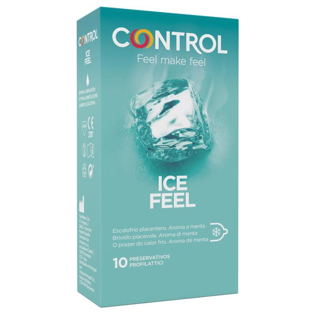 Avant de la boîte Control Ice Feel avec un design de glaçon.