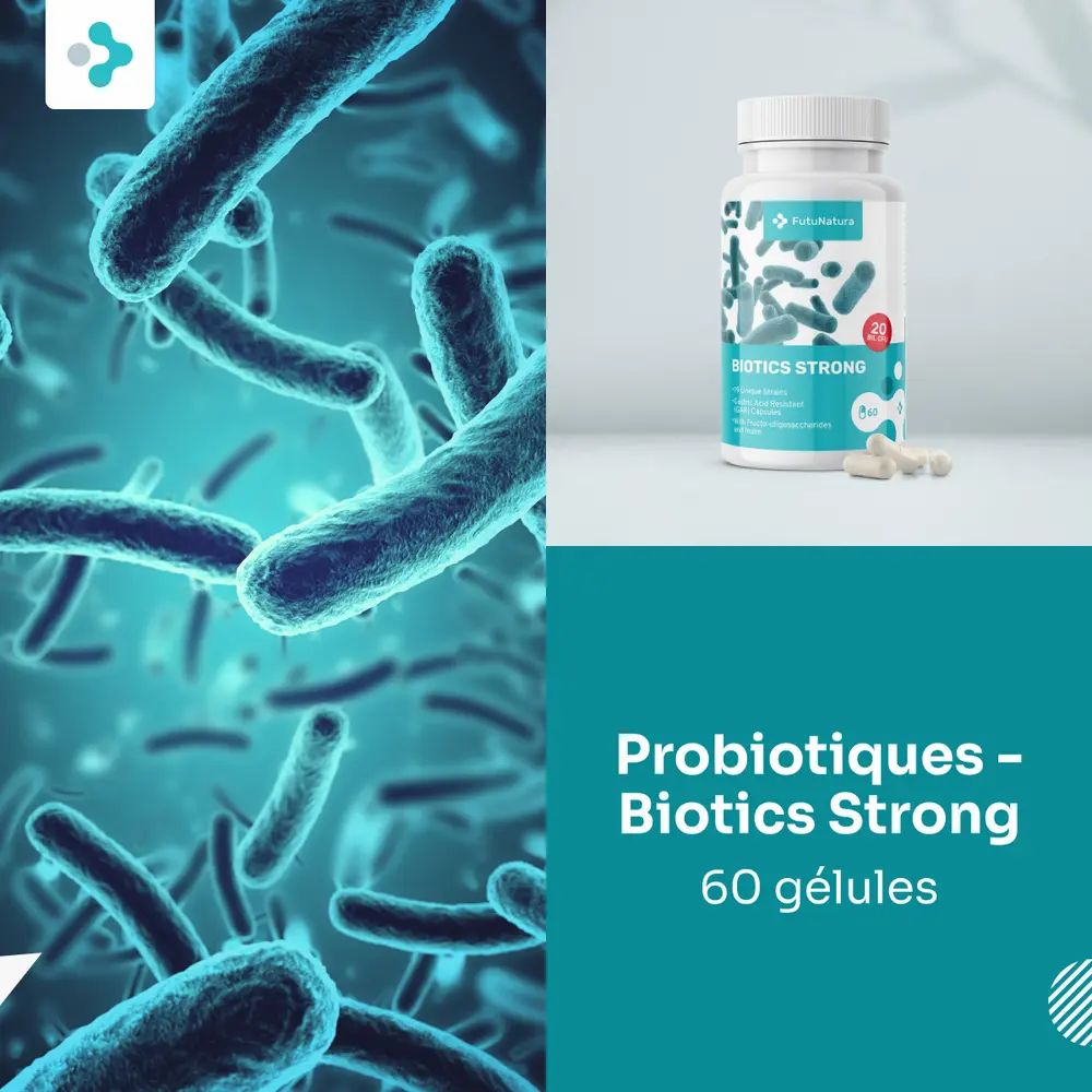 Image du produit sur fond bleu. Flacon avec gélules. Texte : Probiotiques - Biotics Strong, 60 gélules.