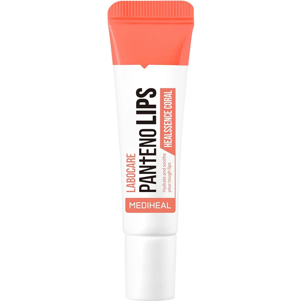 Getinte lippenbalsem met panthenol. Tube met koraalkleurige dop. Opschrift: LABOCARE PANTENO LIPS HEALSSENCE CORAL. MEDIHEAL.