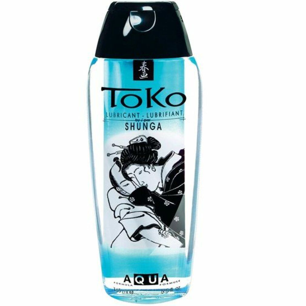 Heldere vloeistof in fles met zwarte dop. Opschrift: ToKo, Aqua, Shunga. Illustratie van een vrouw.