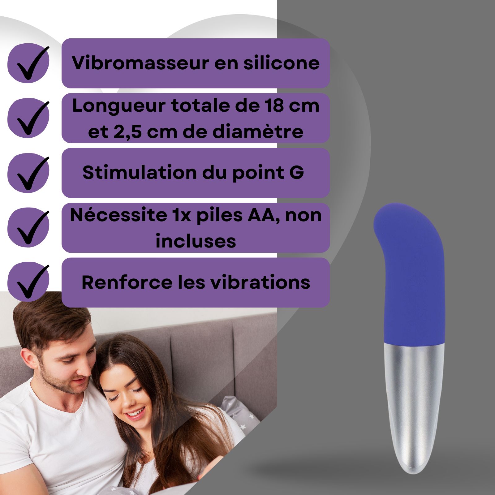 Vibrateur bleu et argenté. Longueur 18 cm, diamètre 2,5 cm. Stimulation du point G.