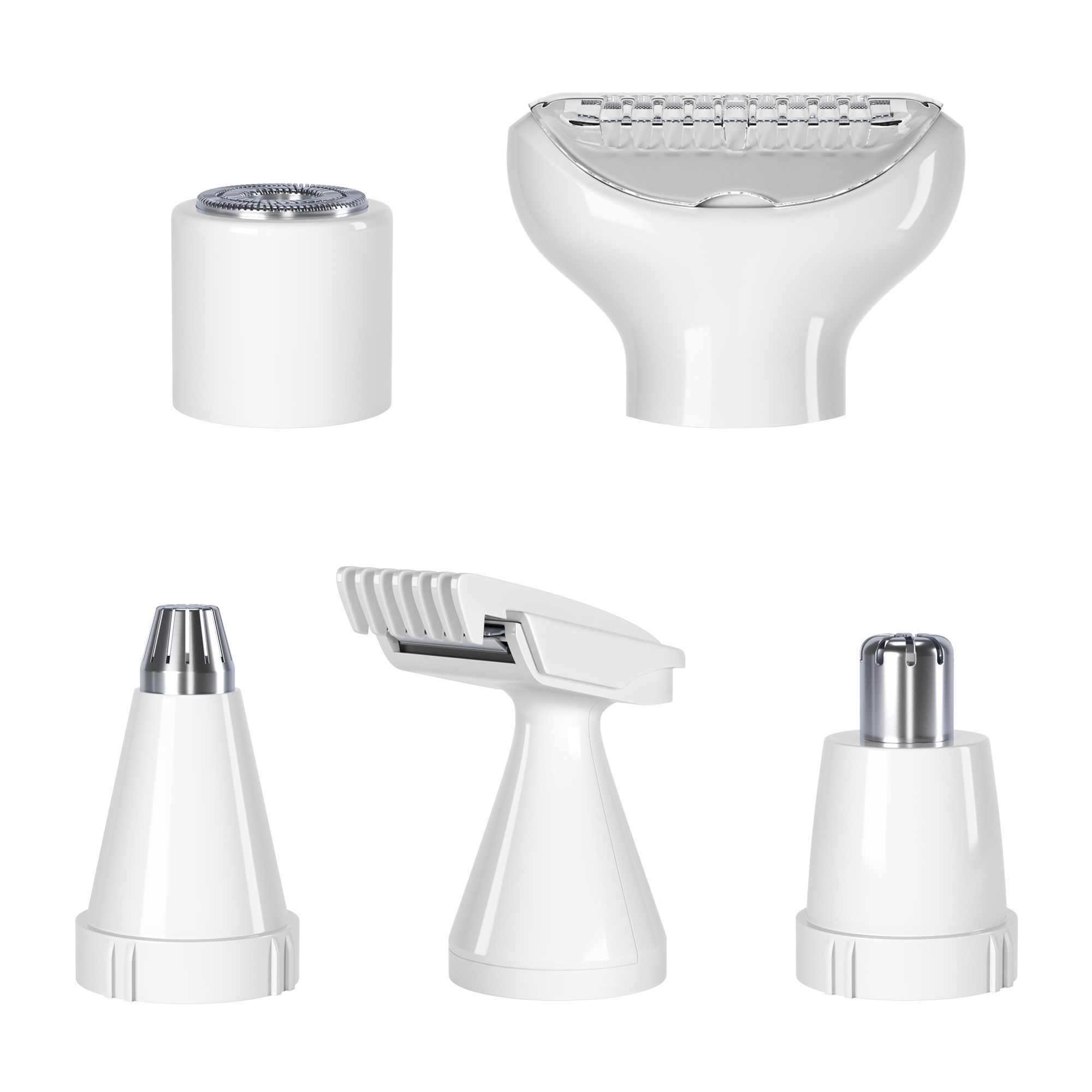 Cinq têtes blanches pour rasoir. Différentes formes pour diverses utilisations.