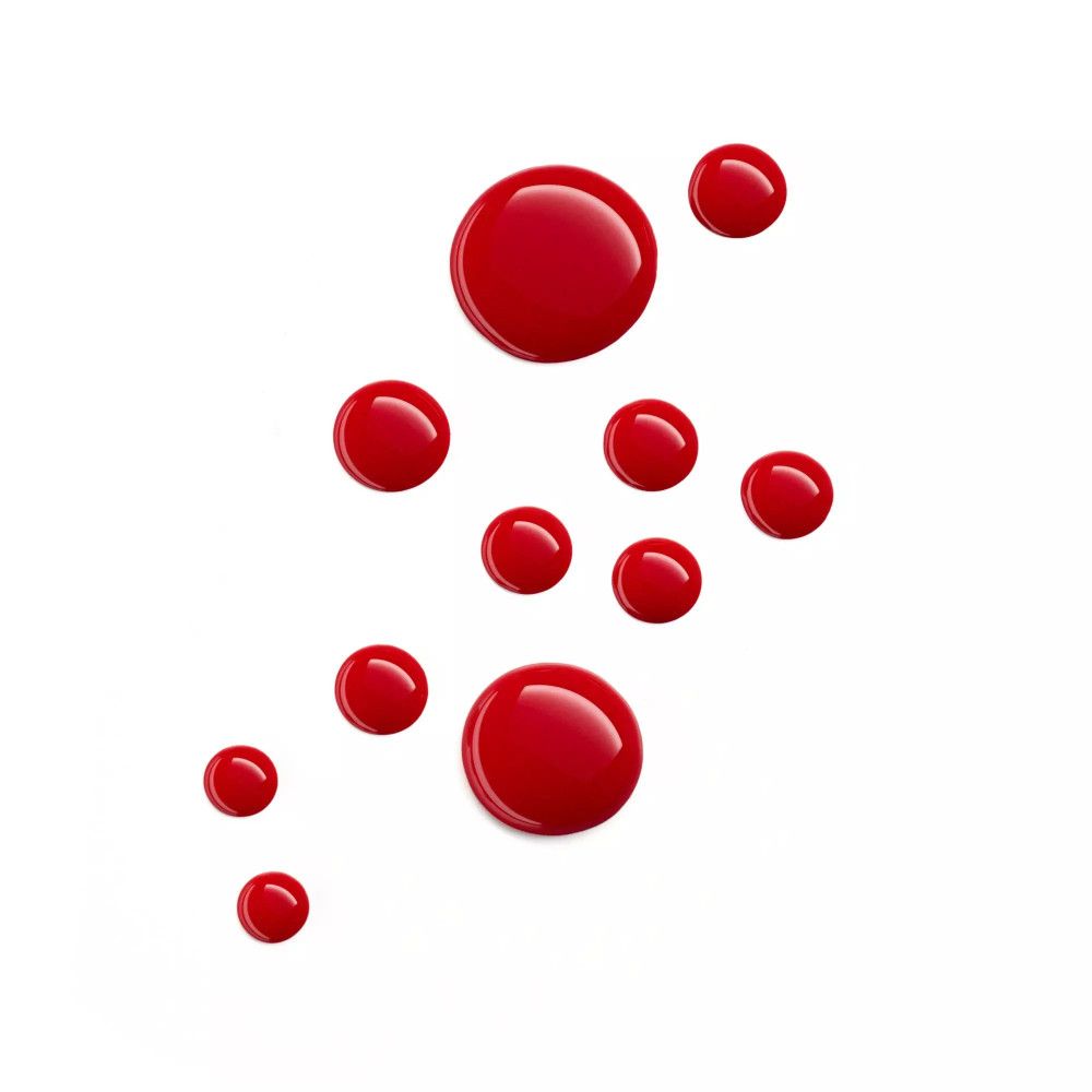 Gouttes rondes de vernis à ongles rouge sur fond blanc. Différentes tailles, brillantes.