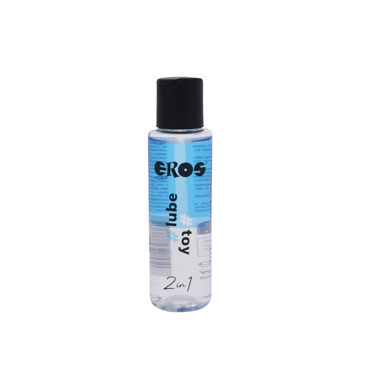 Bouteille de lubrifiant EROS 2en1 et liquide pour jouets, bouchon noir.