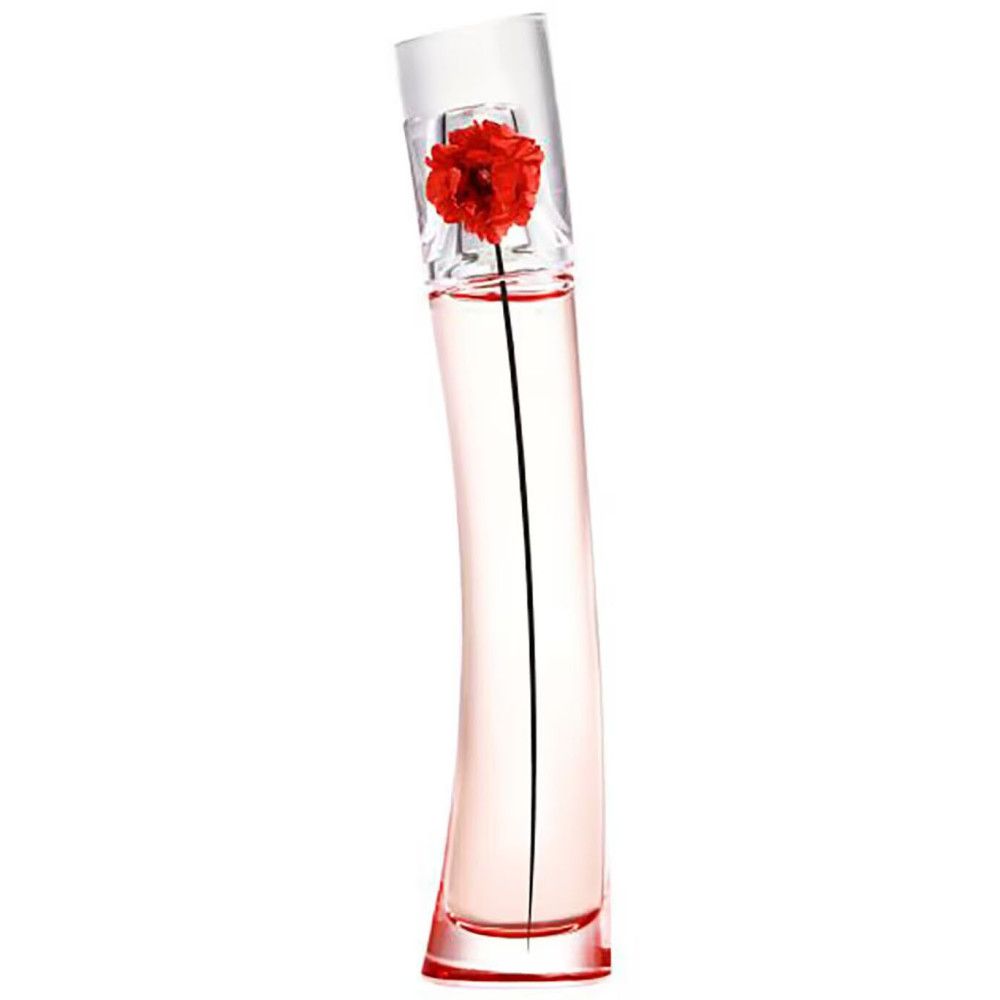 Flacon de parfum KENZO FLOWER L ABSOLUE EDP 100 ML avec une fleur de coquelicot rouge à l'intérieur.