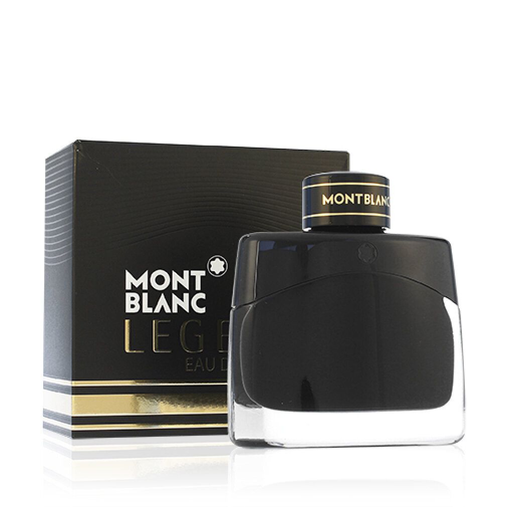 Flacon noir et emballage de Montblanc Legend Eau de Parfum. Flacon avec bouchon noir et lettrage doré.