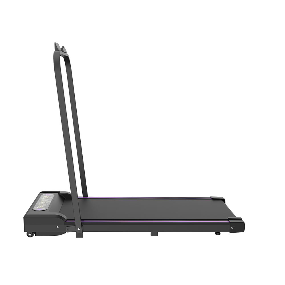 Zwart, opvouwbaar loopband met LED-display en handgreep. Zijaanzicht, handgreep omhoog.