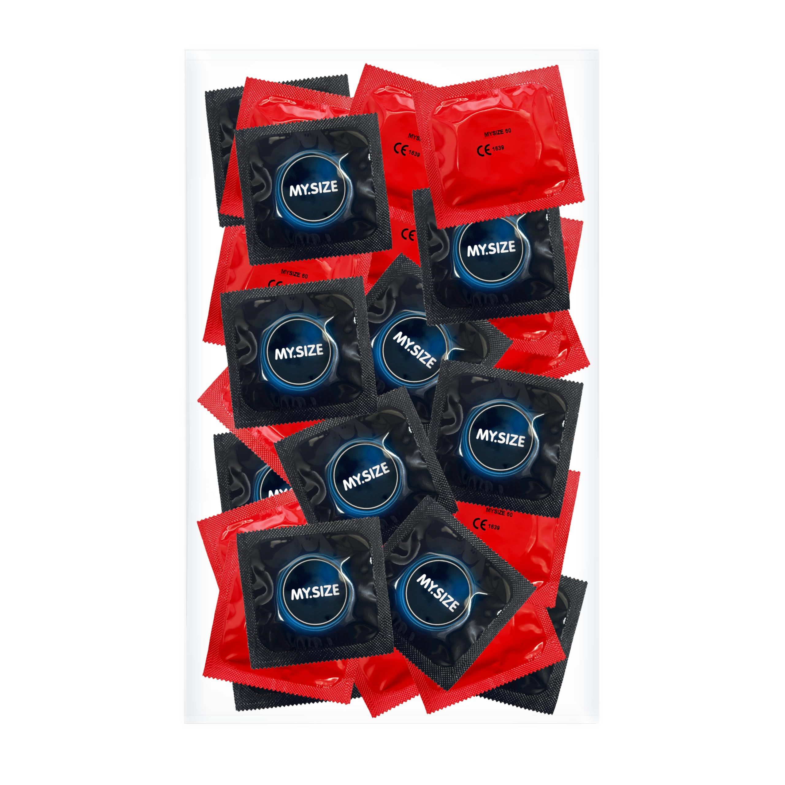 Préservatifs MY.SIZE, emballés individuellement dans des pochettes rouges et noires.
