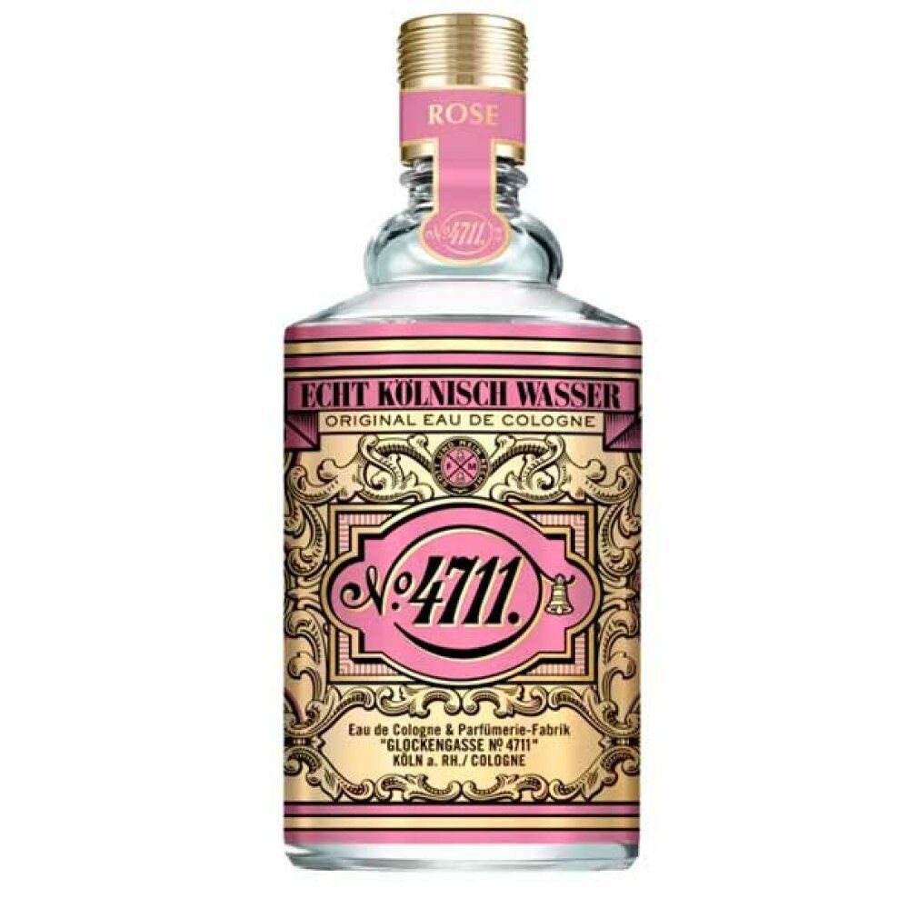 Flacon en verre avec étiquette rose, détails dorés et inscription '4711 Rose'. Bouchon doré.
