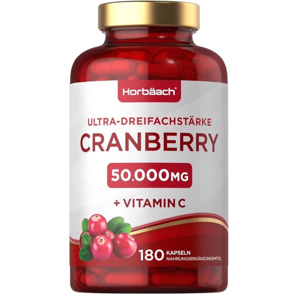 Rode capsules in een fles. Opschrift: Cranberry 50.000mg + Vitamine C. 180 capsules.