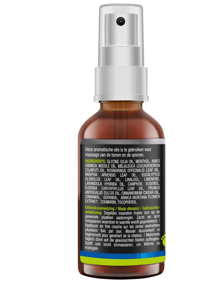 Achterkant bruine fles met verstuiver. Tekst: Ingrediënten, Gebruiksaanwijzing. Blauwe, gele en groene strepen onderaan.