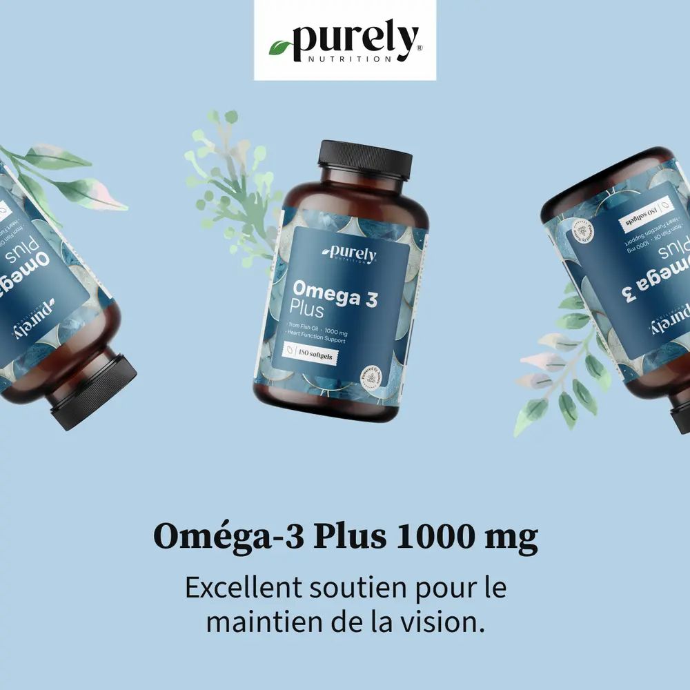 Trois flacons Oméga-3 Plus. Inscription : 1000 mg. Excellent soutien pour la vision.