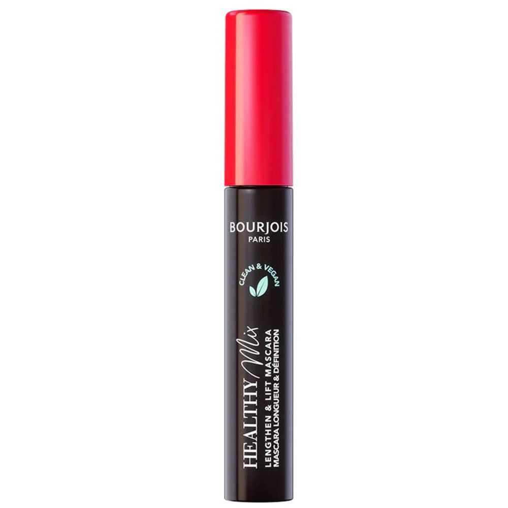 Tube de mascara noir avec bouchon rouge. Inscriptions : Bourjois Paris, Healthy Mix, Clean & Vegan. Texte mascara.