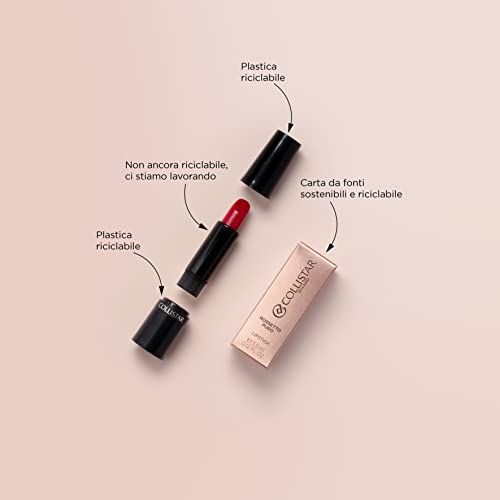 Rouge à lèvres et emballage. Pièces détachées avec flèches et textes : plastique recyclable, papier de sources durables.