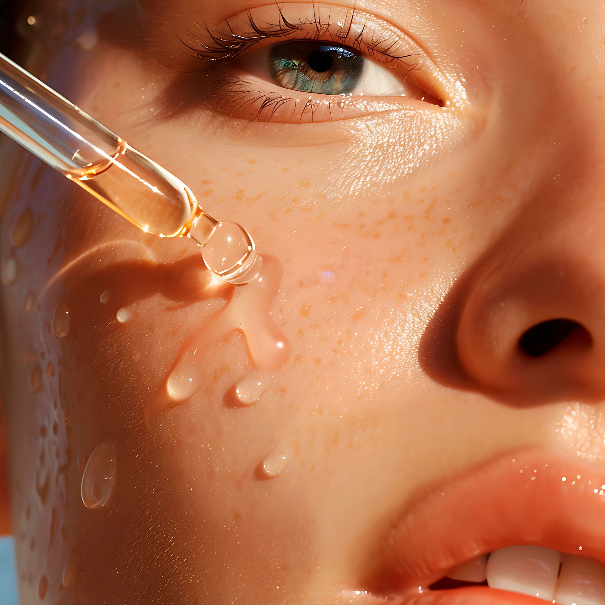 Close-up van een gezicht, serum aangebracht met een druppelaar. Huid met serumdruppels.
