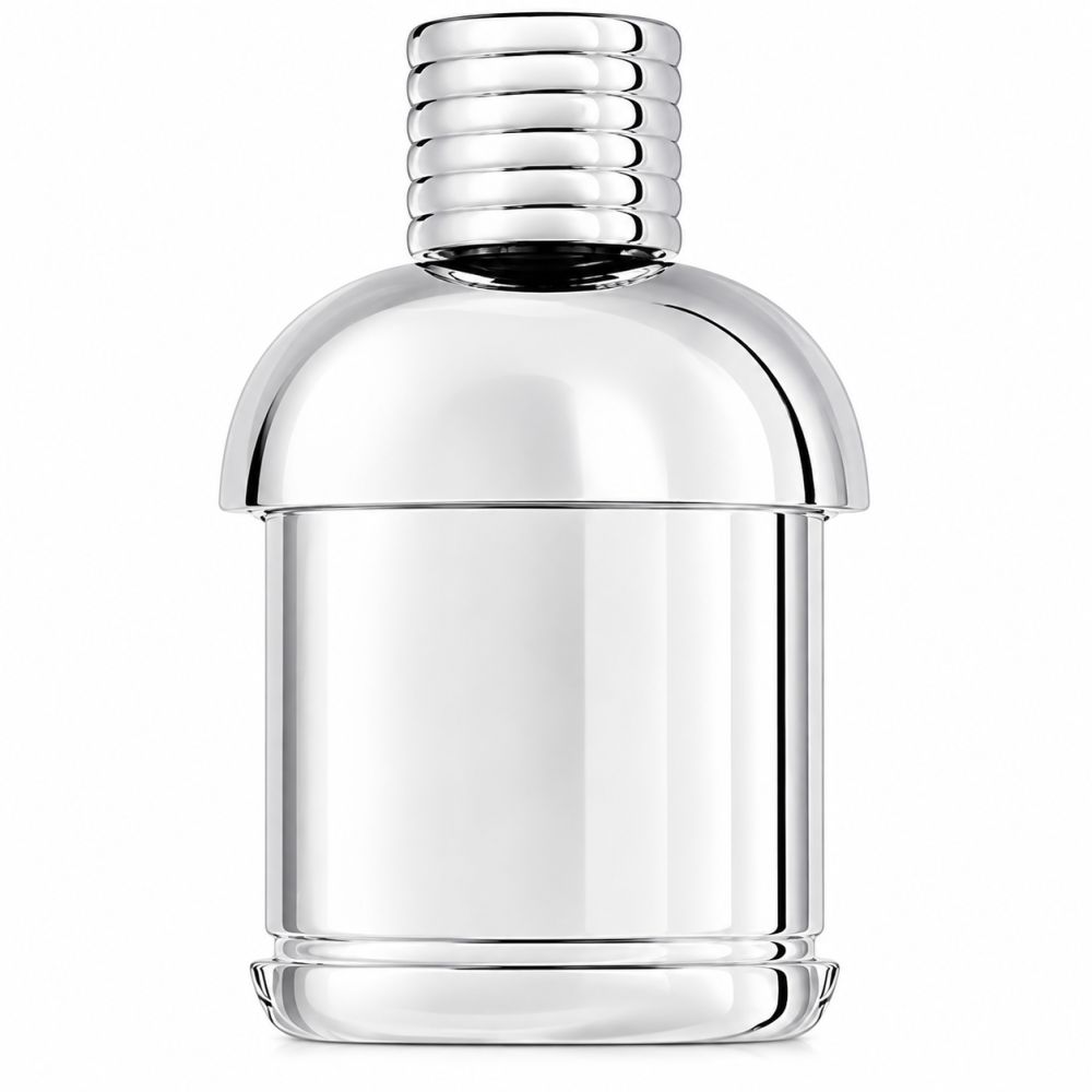 Flacon Moncler Pour Homme Eau de Parfum. Flacon argenté avec bouchon côtelé.