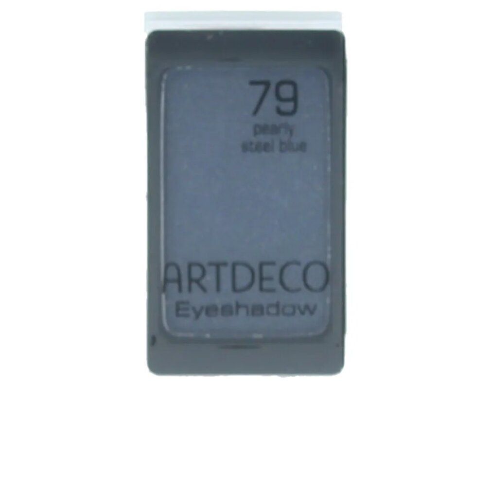 Artdeco oogschaduw, tint 79, parelmoer staalblauw. Rechthoekige vorm, grijze verpakking. Tekst: Eyeshadow.