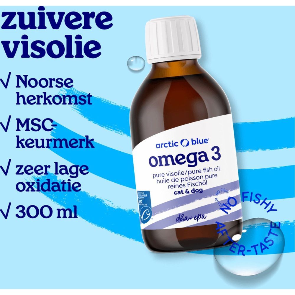 Fles Arctic Blue Omega 3. Tekst: Zuivere visolie, 300 ml, MSC-keurmerk, No Fishy After-Taste. Noorse herkomst.