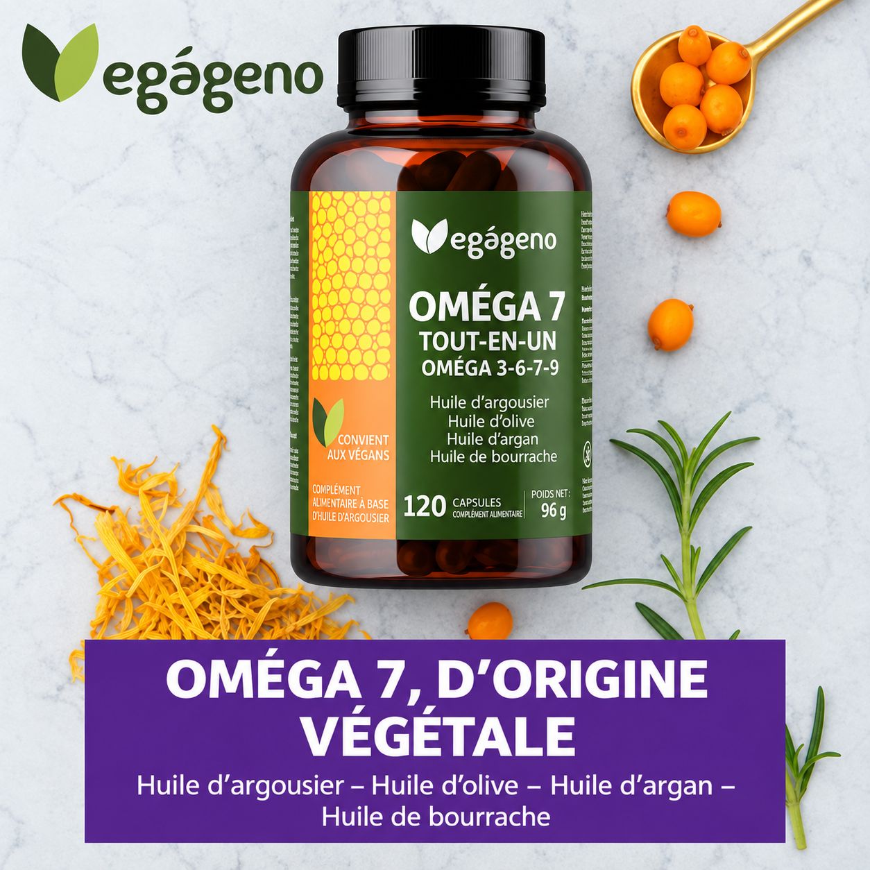 Egageno Oméga 7: 120 capsules, 96g. Contient des huiles d'argousier, d'olive et de bourrache.