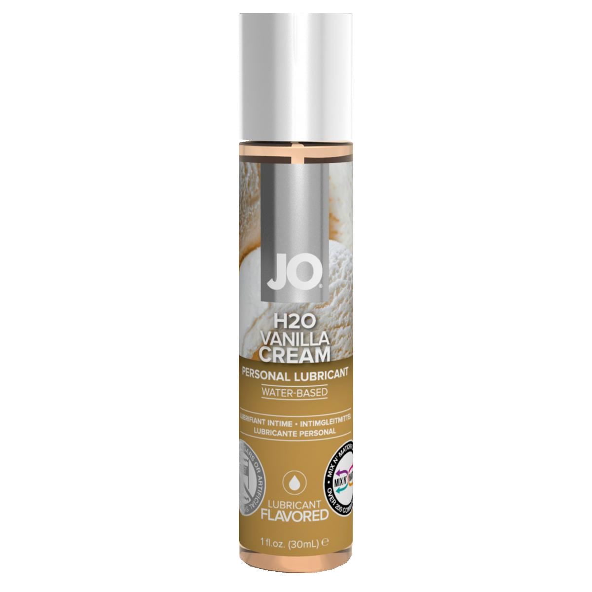 Flacon cylindrique avec bouchon argenté. Inscription: JO H2O Vanilla Cream, Personal Lubricant, Water-Based. Parfumée.