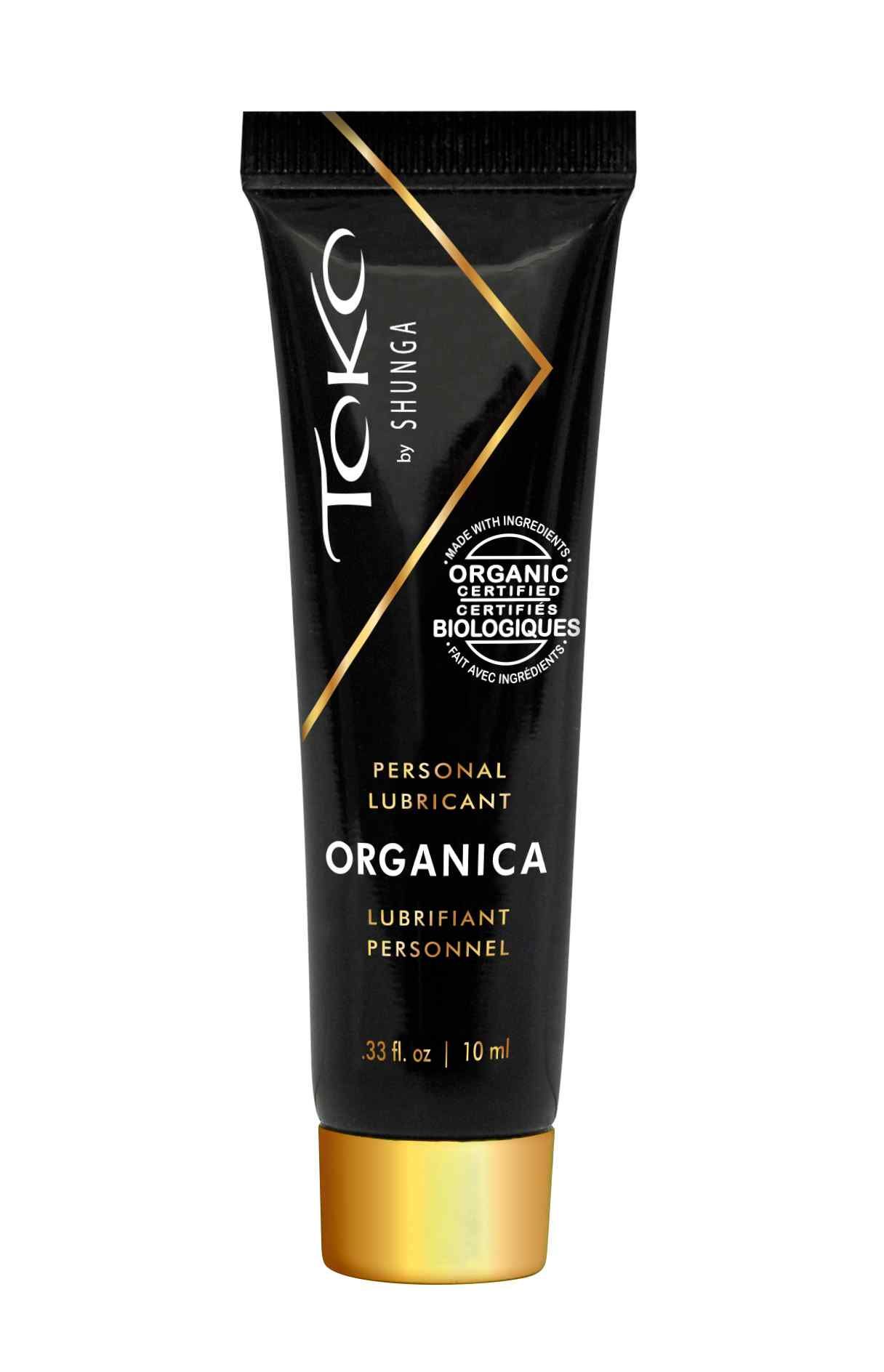 Zwarte tube met gouden dop. Tekst: Toko by SHUNGA, Personal Lubricant, Organica, 10 ml.