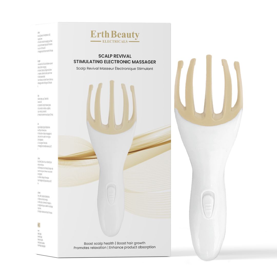 Elektronische hoofdhuidmassager naast de verpakking.