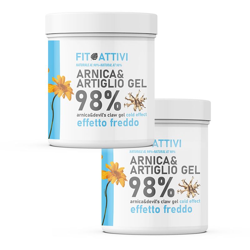 Deux pots blancs avec graphiques bleus et jaunes. Inscription: Arnica & Artiglio Gel, 98%, effet froid.