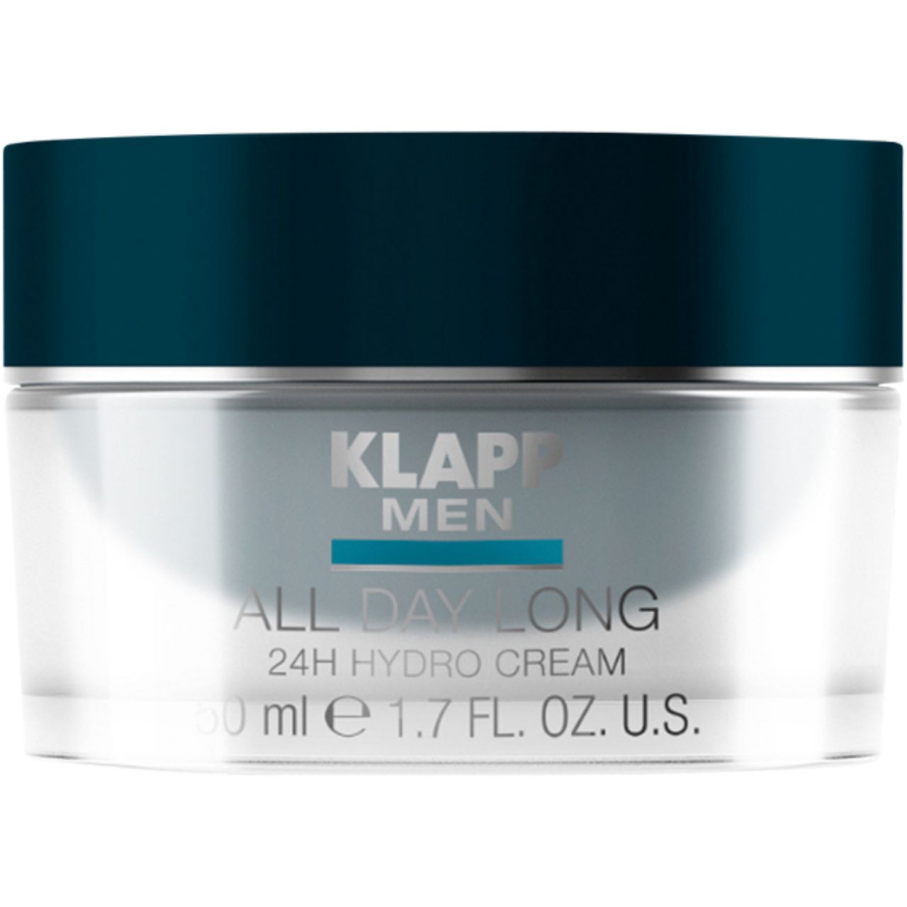 Crèmepot met blauwe deksel. Opschrift: KLAPP MEN ALL DAY LONG 24H HYDRO CREAM.