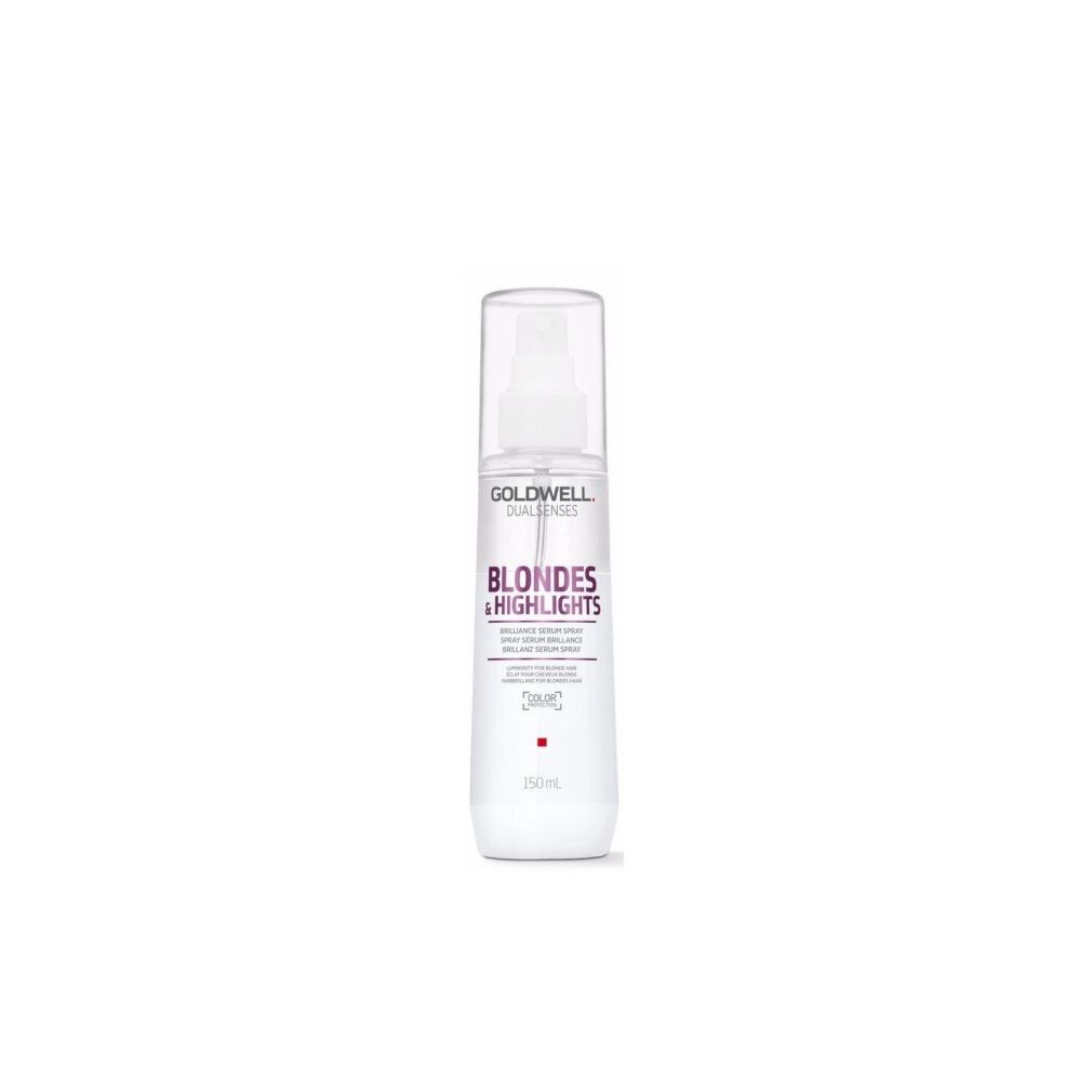 Goldwell Dualsenses Blondes & Highlights Serum Spray. Flacon blanc avec vaporisateur. Nom du produit et logo visibles.