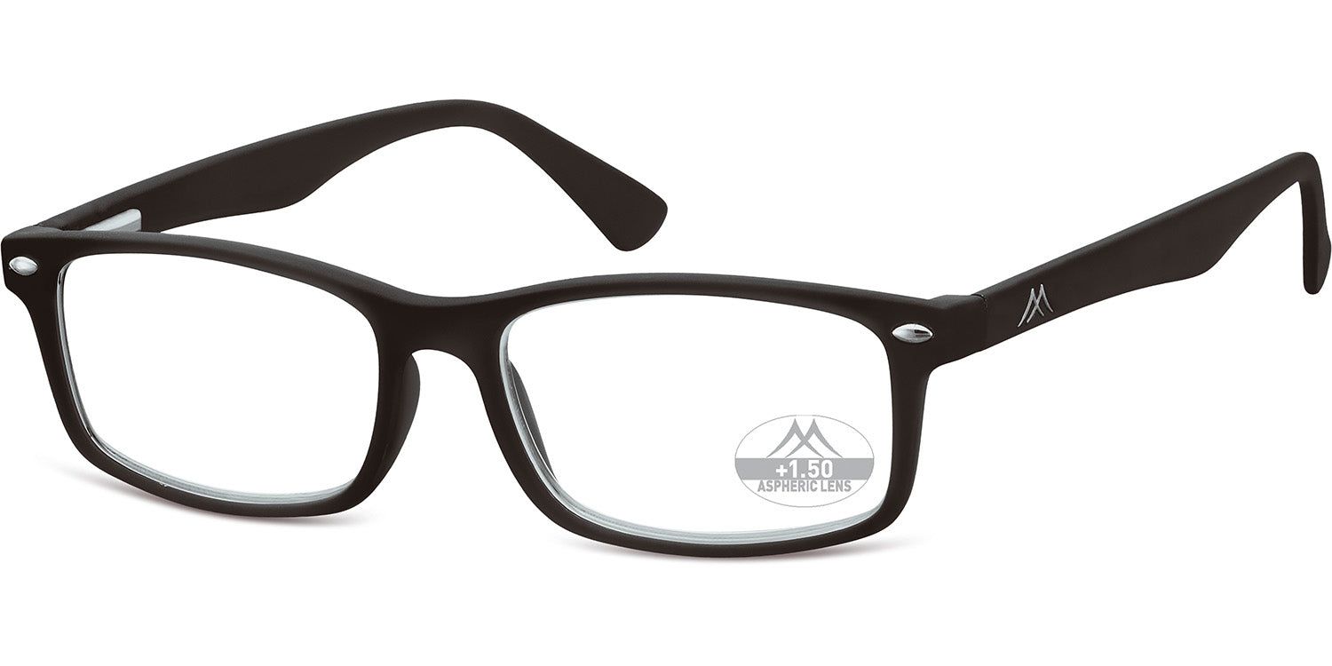 Lunettes de lecture noires avec verres rectangulaires. "+1.50" sur un verre. Logo sur la branche.
