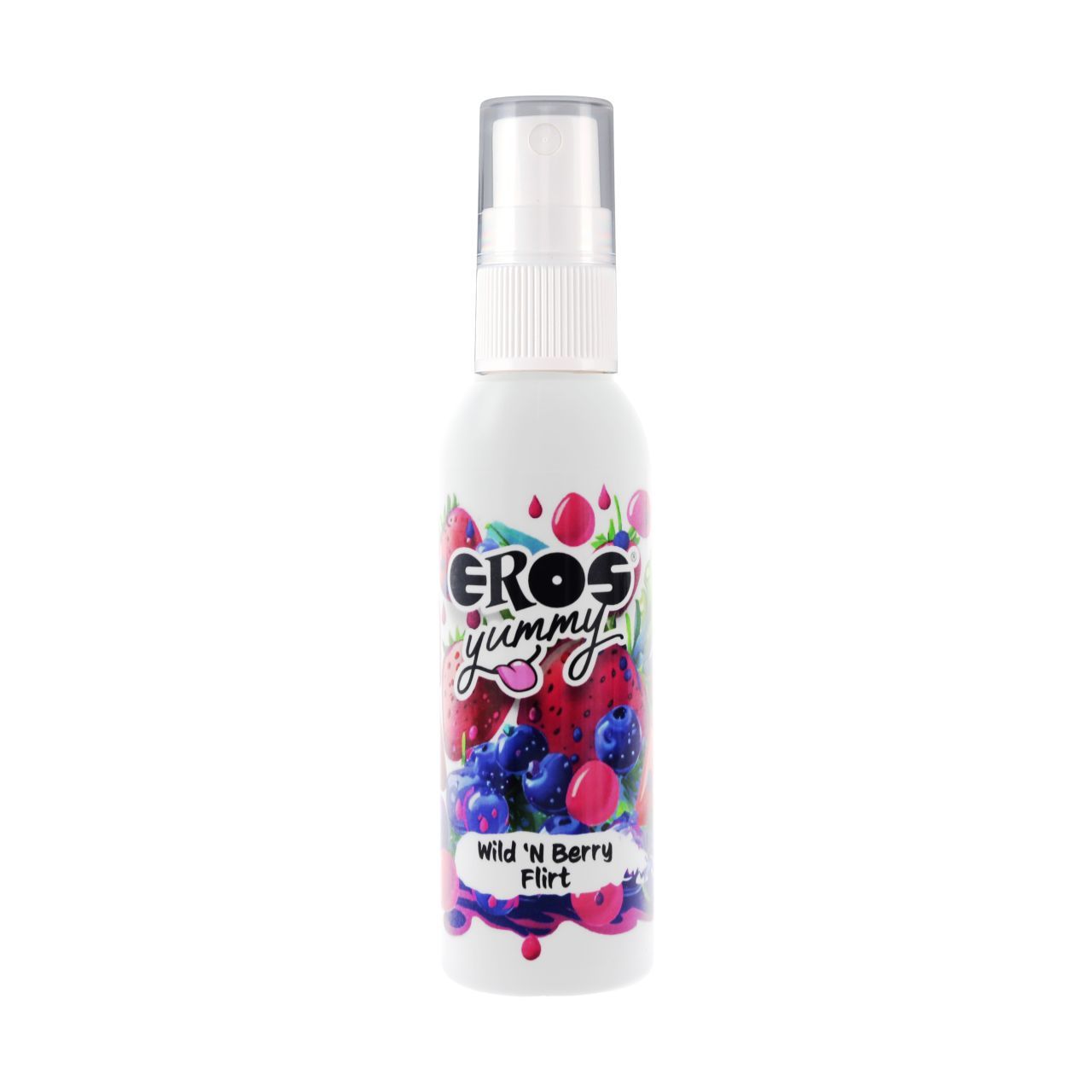 Flacon blanc avec vaporisateur. Étiquette avec illustration de baies et texte "EROS yummy Wild 'N Berry Flirt".