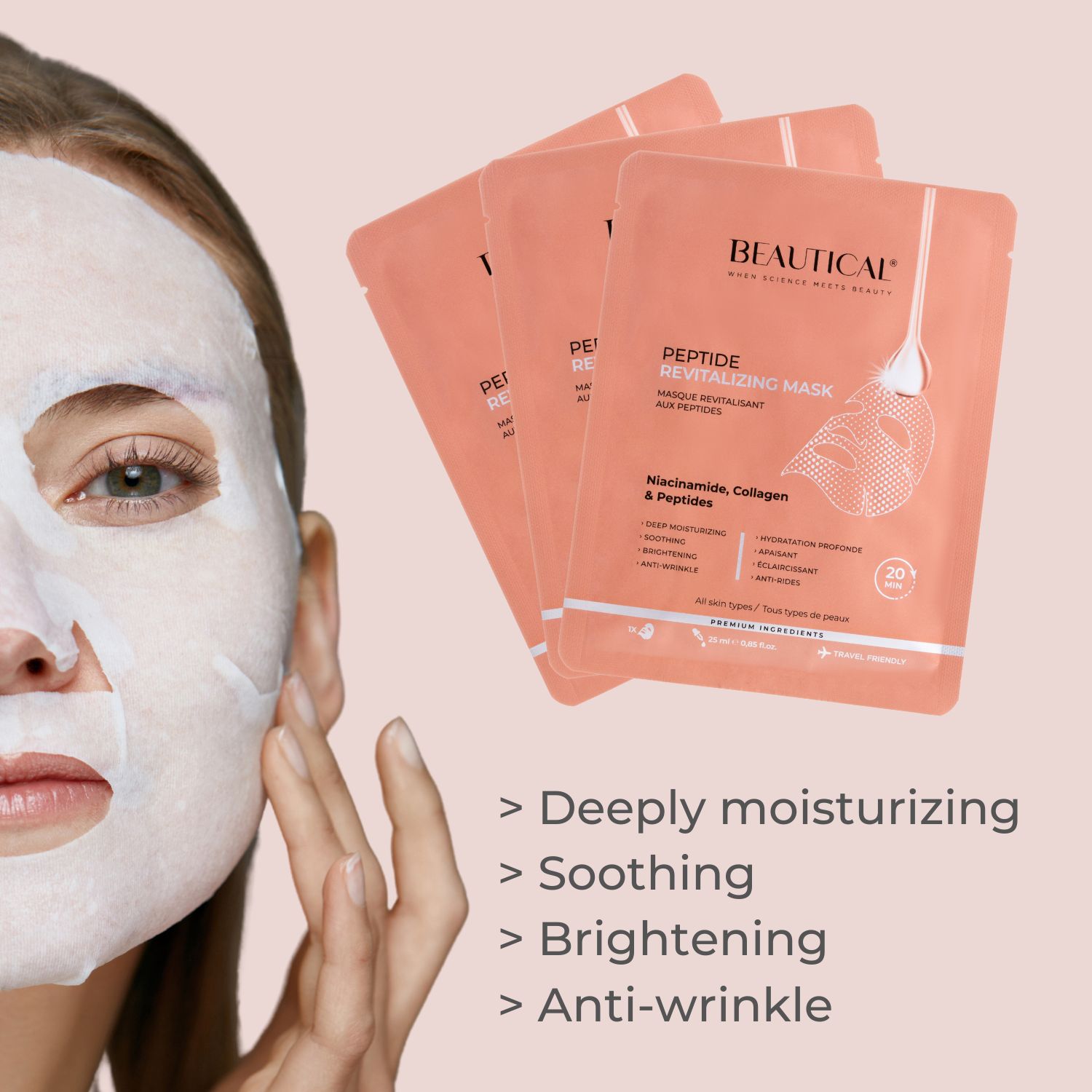 Drie Beautical maskers en gezicht van een vrouw. Tekst: Diep hydraterend, verzachtend, verhelderend, anti-rimpel.