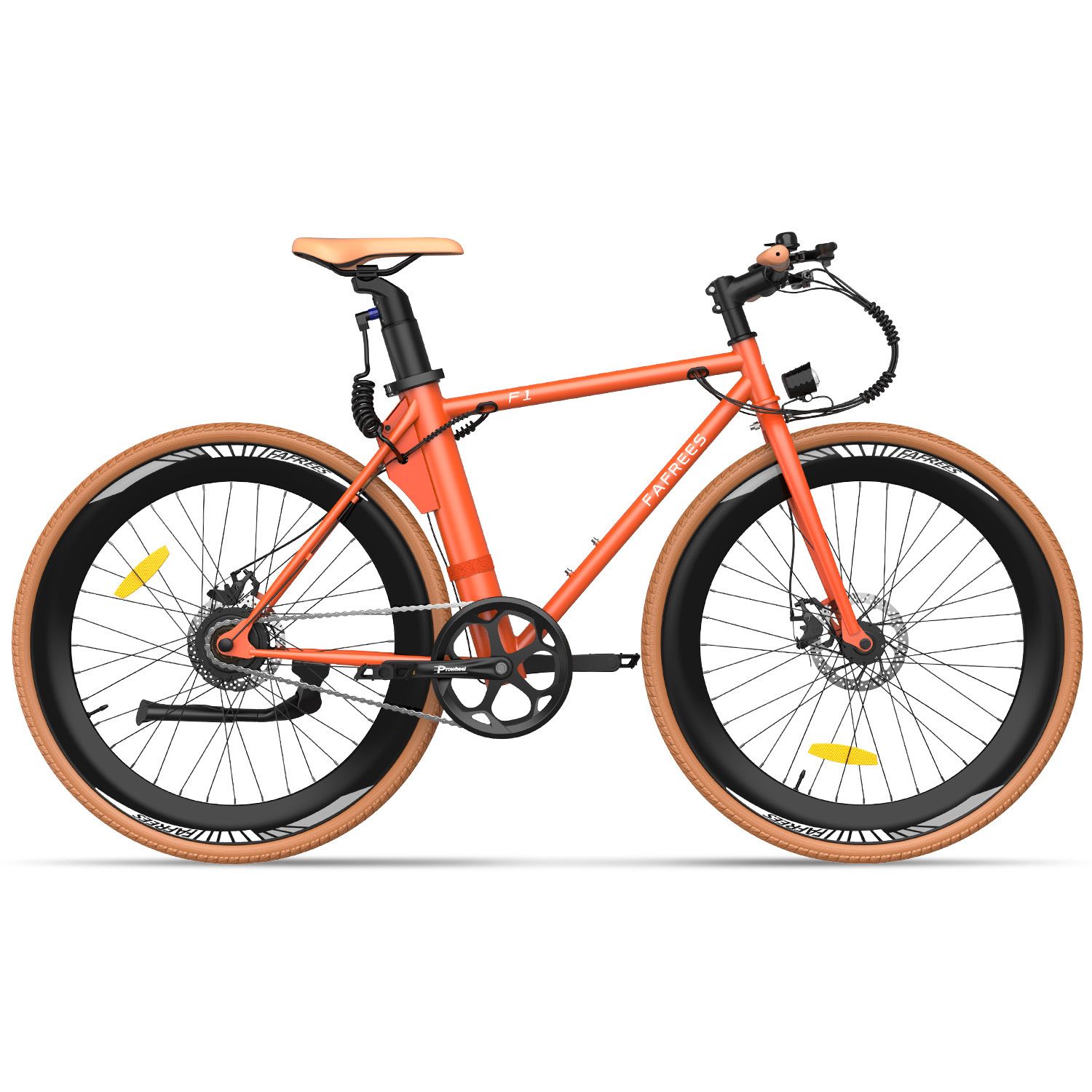 Oranje elektrische fiets met bruine banden en zadel. Fafrees-logo en F1-modelaanduiding zichtbaar.