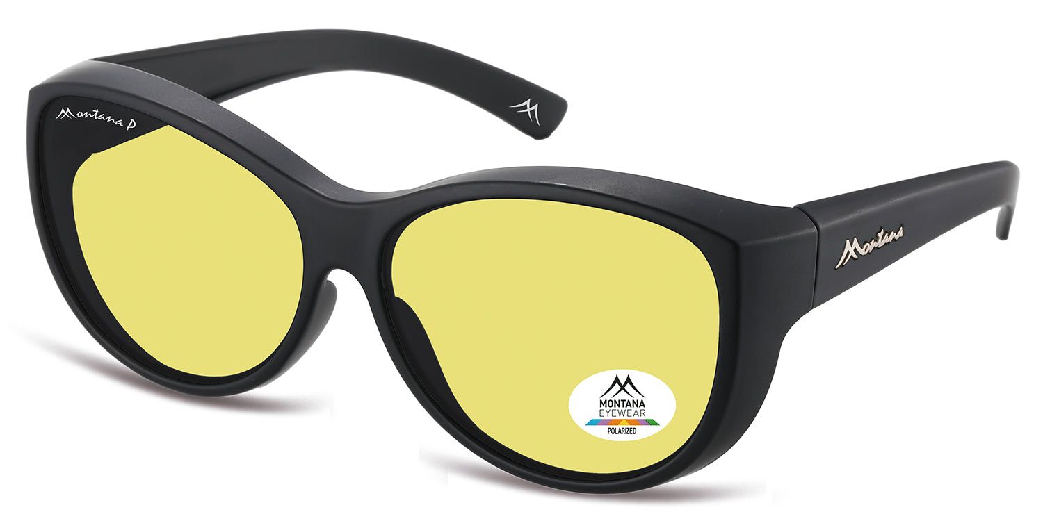Lunettes de soleil noires avec verres jaunes. Logo Montana Eyewear et autocollant de polarisation. Monture noire.
