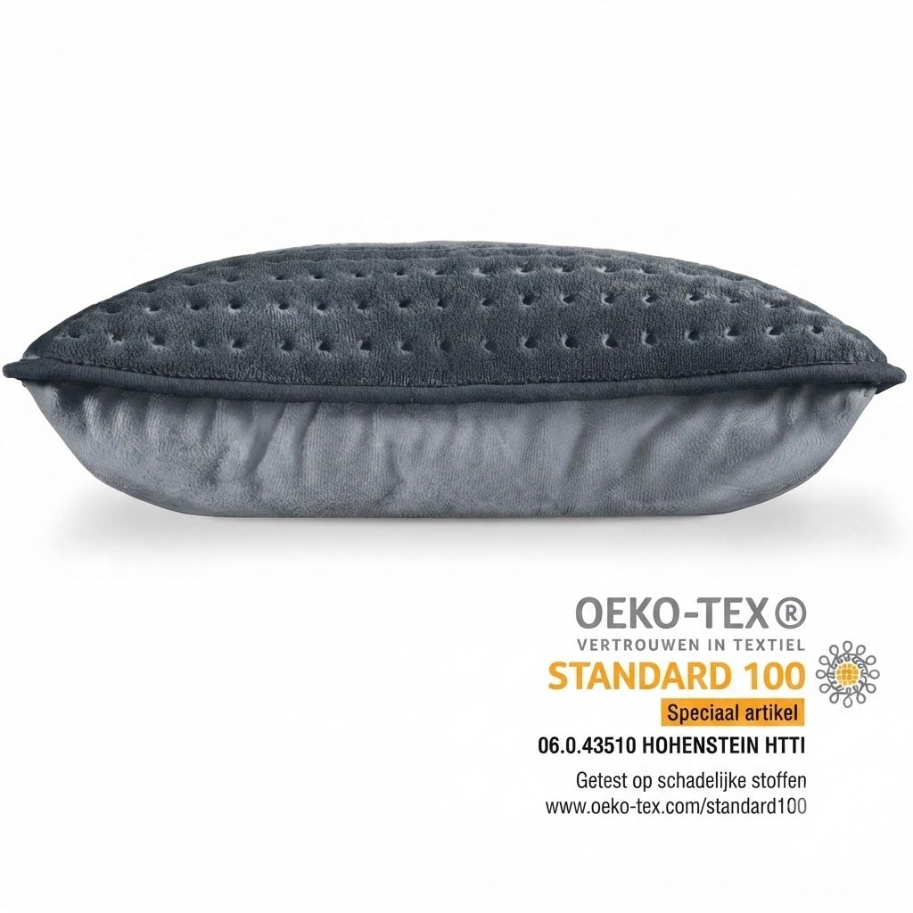 Grijs verwarmingskussen met doorgestikt oppervlak en zachte rand. OEKO-TEX STANDARD 100 certificaat zichtbaar.
