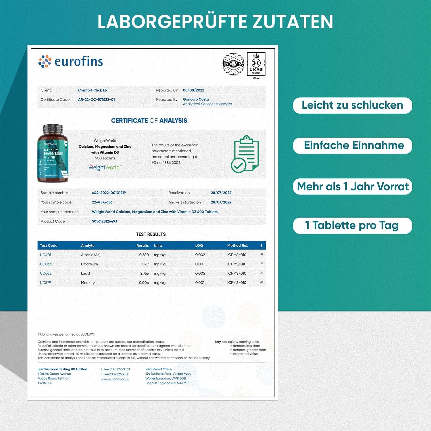 Certificat d'Eurofins. WeightWorld Calcium, Magnésium & Zinc. Facile à avaler. Prise facile. Plus d'1 an d'approvisionnement. 1 comprimé par jour.