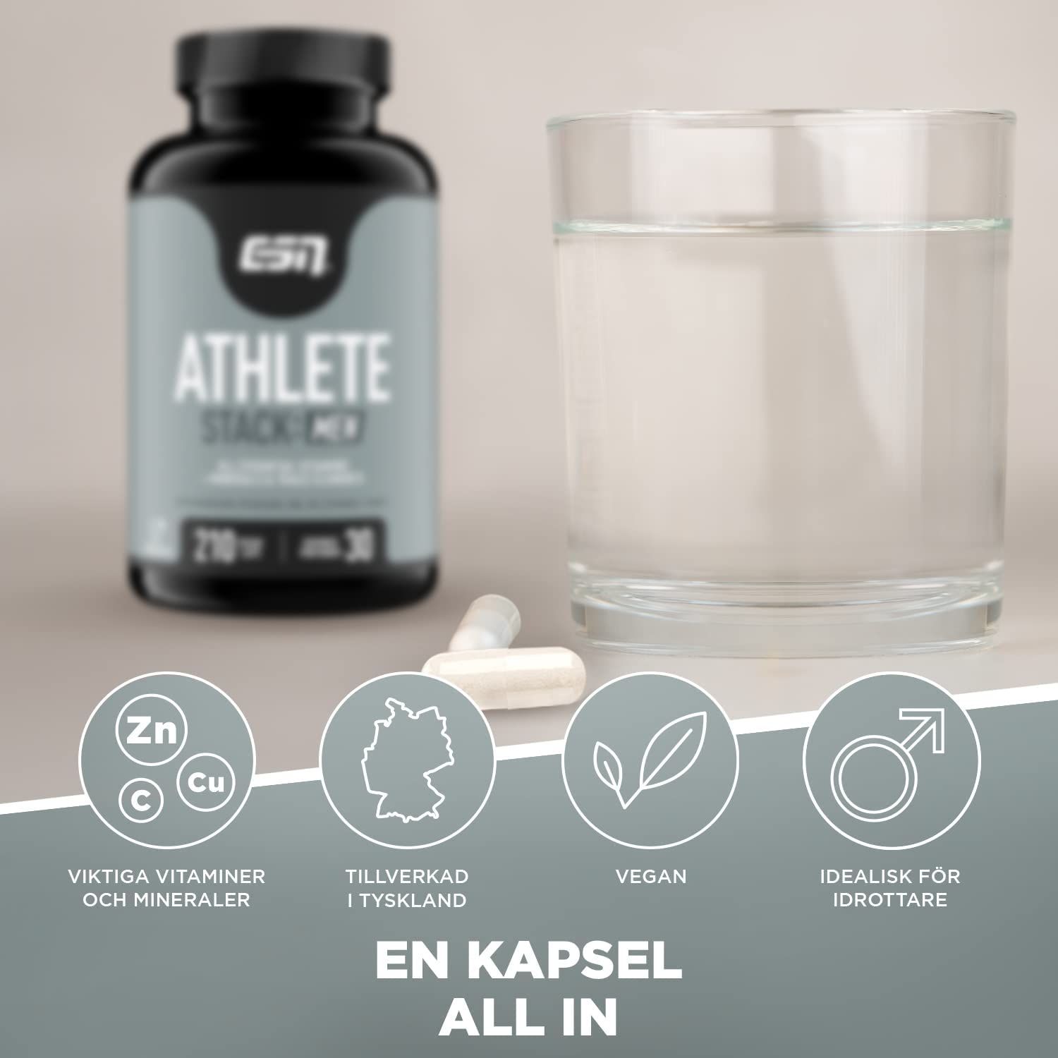 ESN ATHLETE STACK: MEN fles, capsules, glas water. Iconen: vitaminen, Duitsland, vegan, mannelijk.