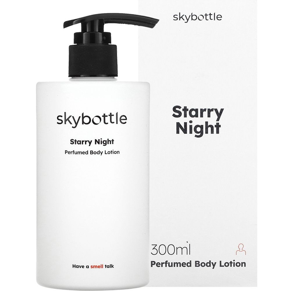Witte fles met zwarte pomp en verpakking. Opschrift: skybottle, Starry Night, Perfumed Body Lotion, 300ml.