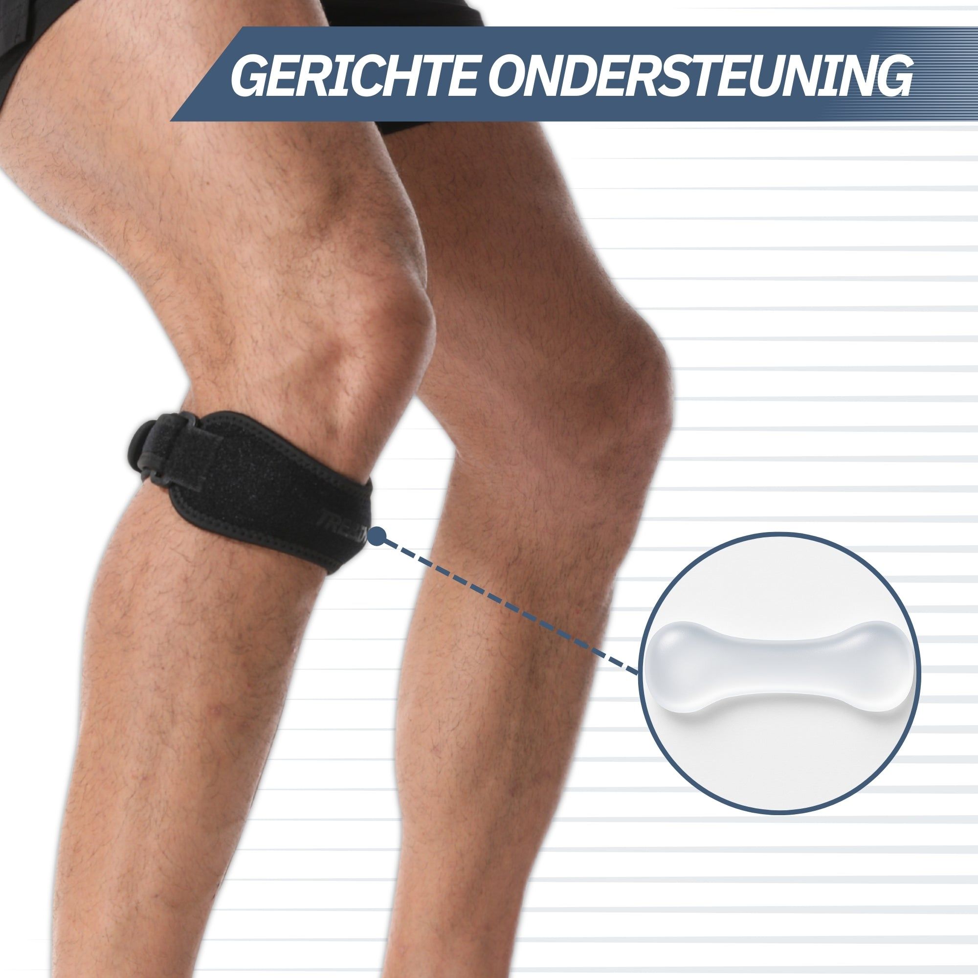 Zwarte knieband om een knie, met een transparant gelkussentje.