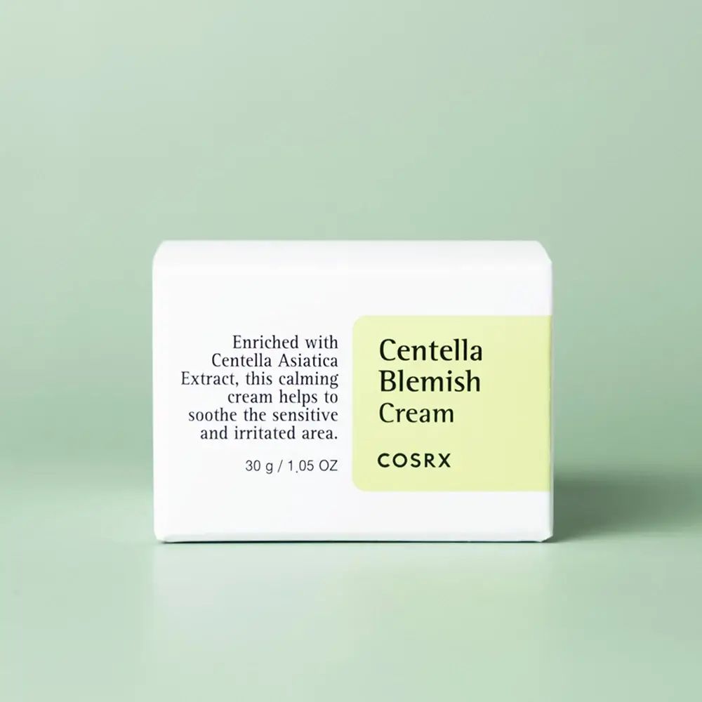 Doos. Tekst: Centella Blemish Cream, COSRX. Opschrift: 30 g / 1,05 OZ.