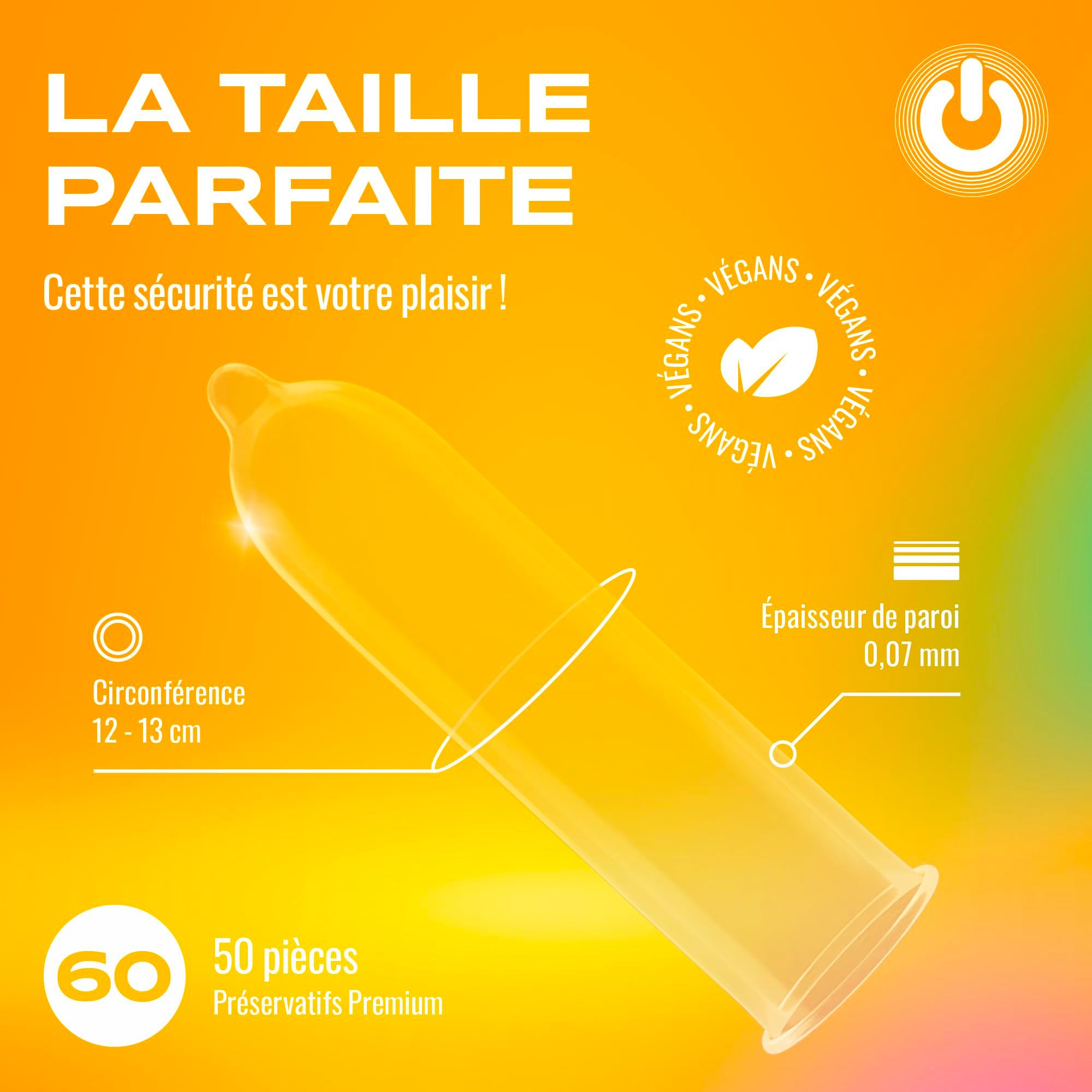 Boîte ONsize 60mm, 50 préservatifs premium. Texte : La meilleure taille pour le plaisir.