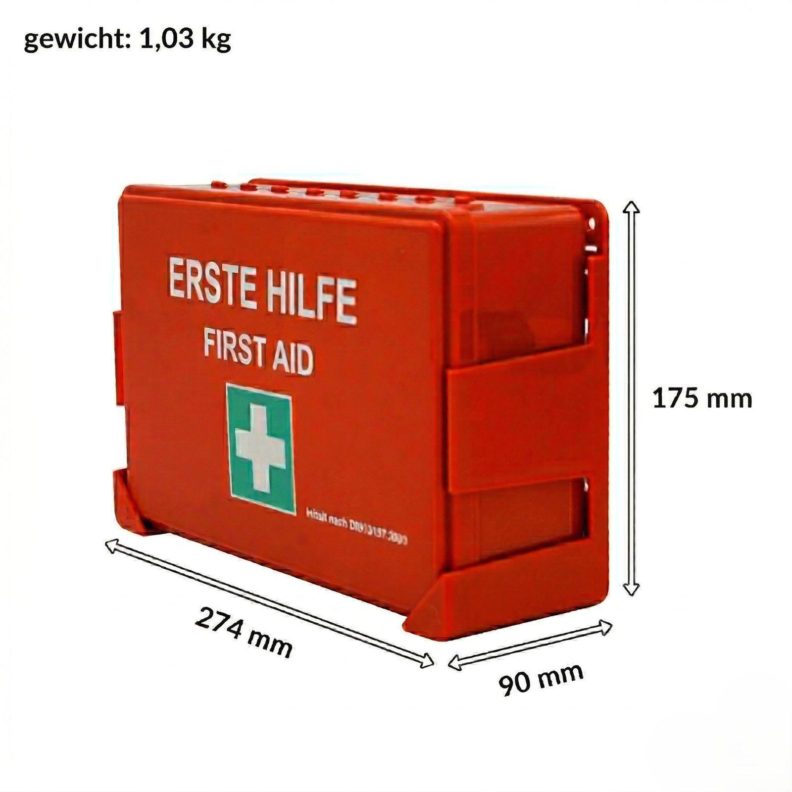 Rode EHBO-koffer, 274x175x90mm. Gewicht: 1,03 kg. Opschrift: Erste Hilfe/First Aid. Groen kruis.