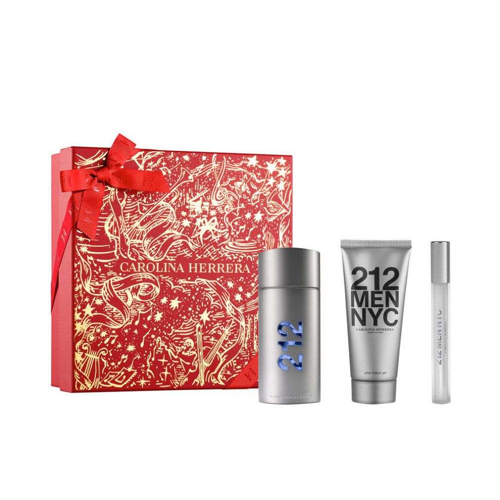 Coffret parfum Carolina Herrera 212 NYC Men dans une boîte cadeau rouge avec un nœud.