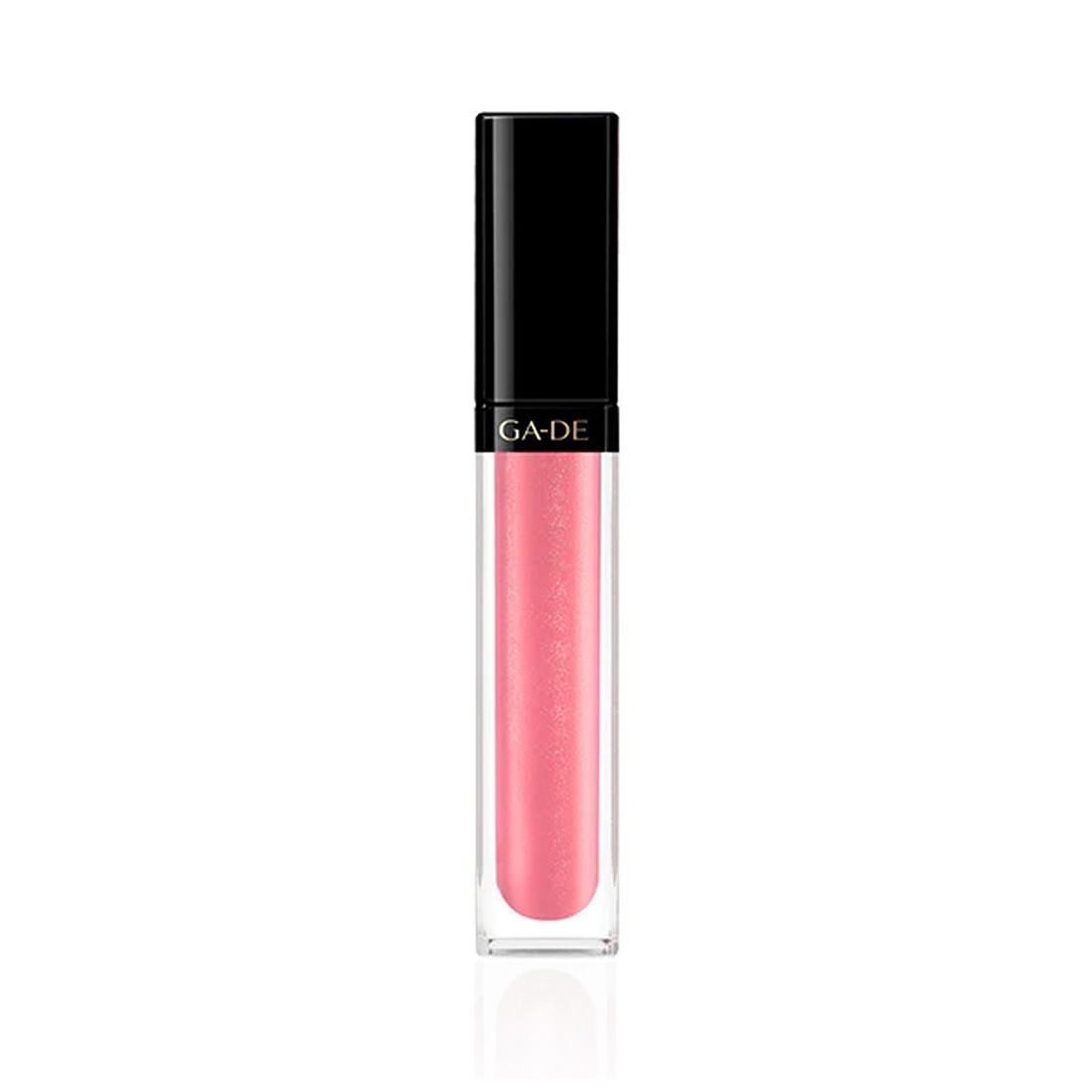 Ga-De Crystal Lights Lipgloss. Tube transparente avec contenu rose. Bouchon noir avec logo Ga-De. Forme carrée.