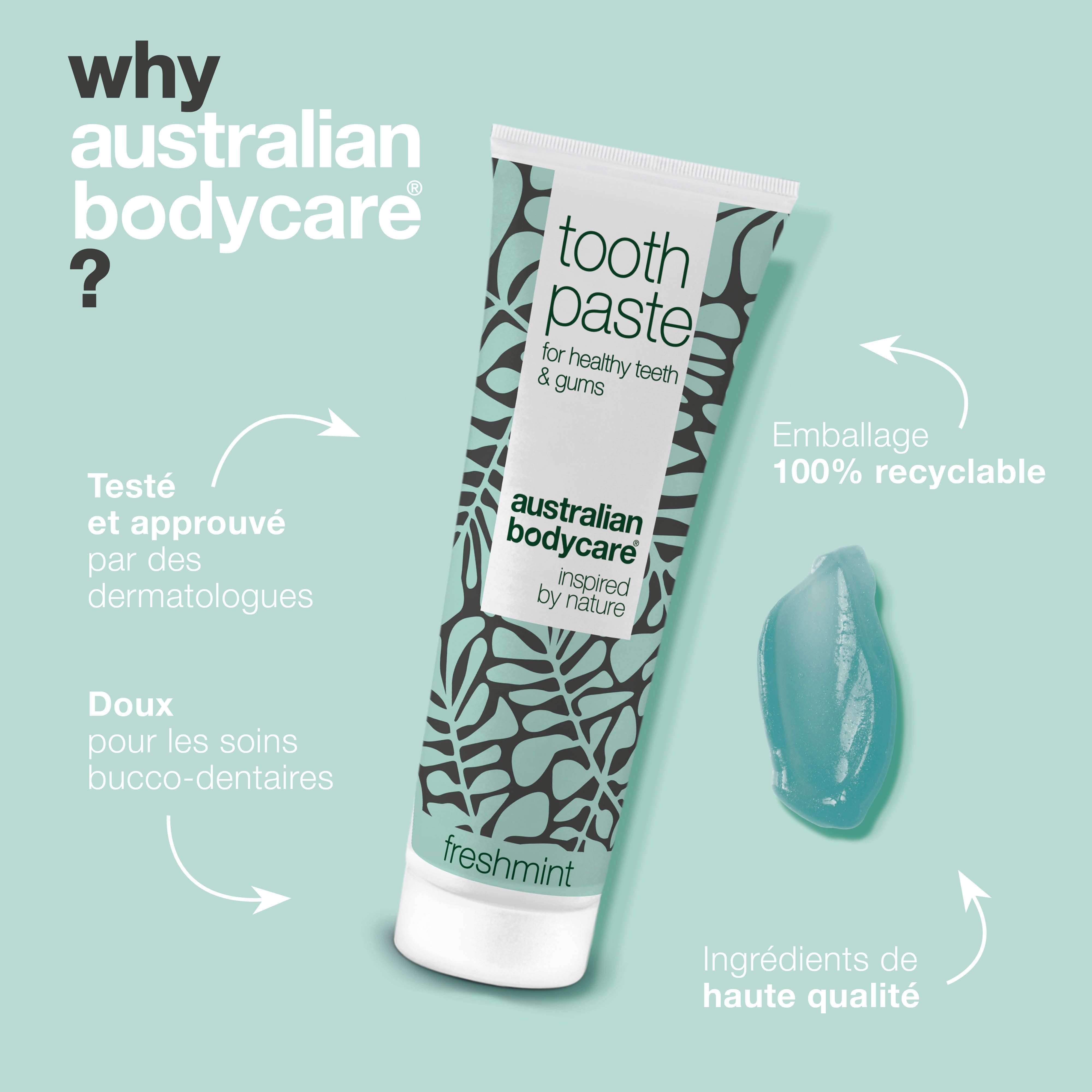 Tube de dentifrice avec motif floral. Texte : Toothpaste, pour des dents et des gencives saines, Australian Bodycare, Freshmint. Gouttes.