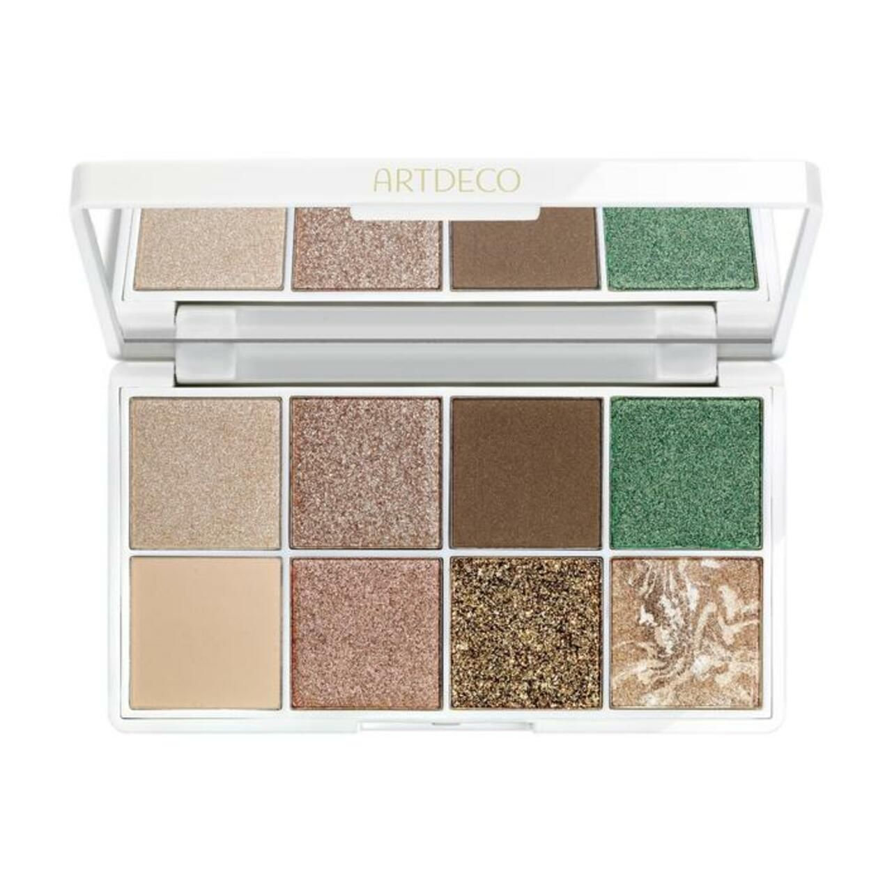 Palette Artdeco Eyelights Bronzing 2025 2. Palette blanche ouverte avec huit fards à paupières et miroir. Vue de dessus.